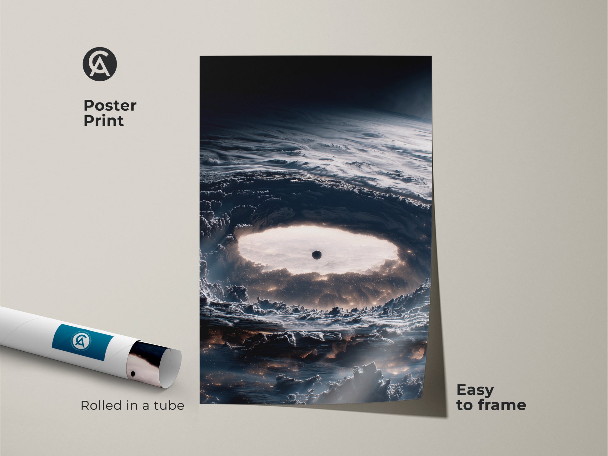 Abstract space art poster print rolled in a tube. This deep navy nebula print offers an easy-to-frame sci-fi cosmos artwork option. A great contemporary decor piece and gift for stargazers seeking celestial-themed art.