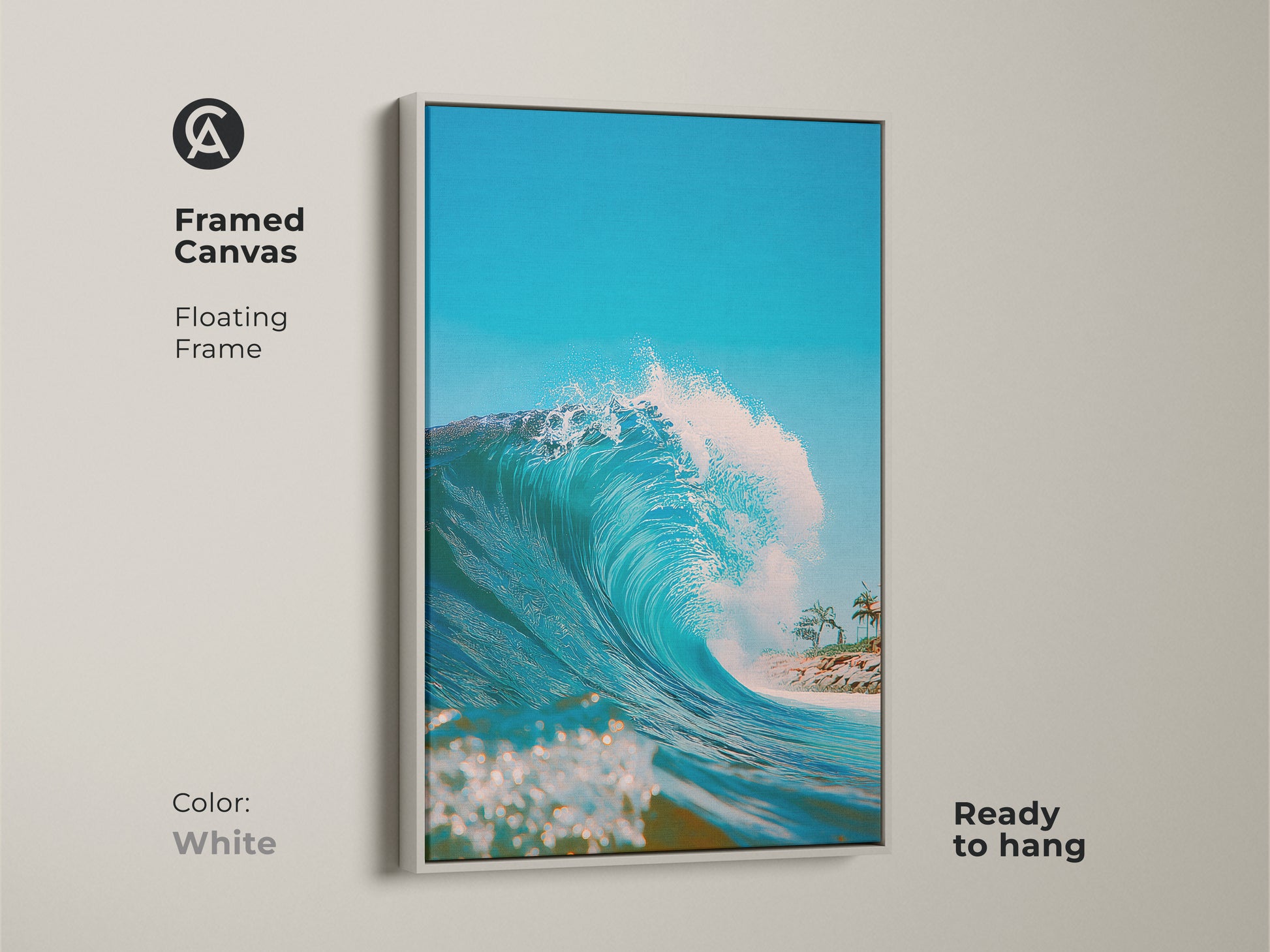 Framed canvas artwork showcasing a vibrant ocean wave. The white floating frame offers a clean modern look. This ready-to-hang artwork brings serenity. Get your ocean art today!