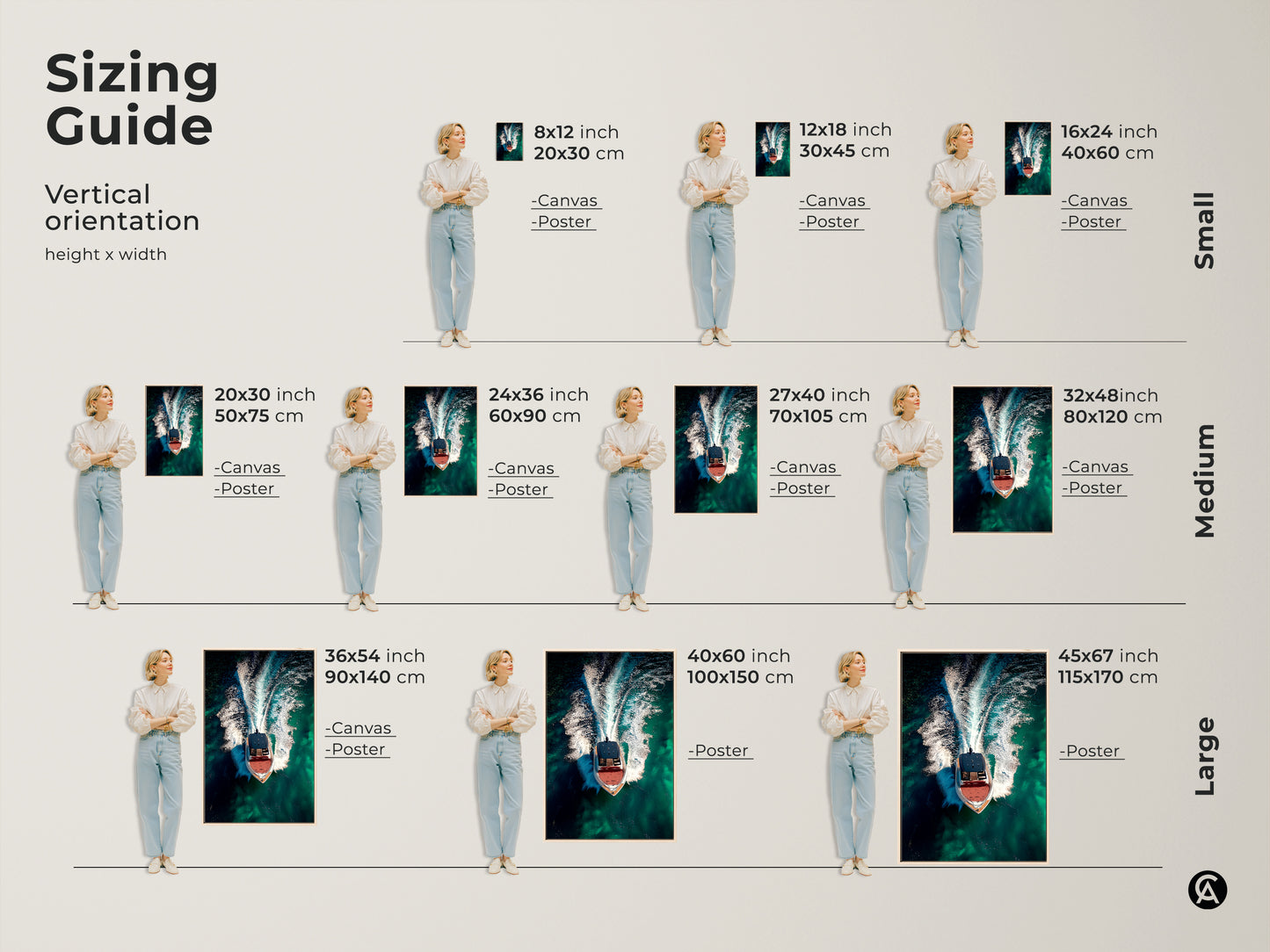 Sizing guide for vertical orientation prints. See how aerial speedboat canvas art fits in various sizes. Perfect for modern yacht artwork and emerald green ocean wall art. Ideal for contemporary nautical art.