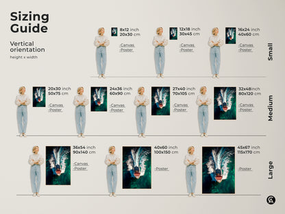 Sizing guide for vertical orientation prints. See how aerial speedboat canvas art fits in various sizes. Perfect for modern yacht artwork and emerald green ocean wall art. Ideal for contemporary nautical art.