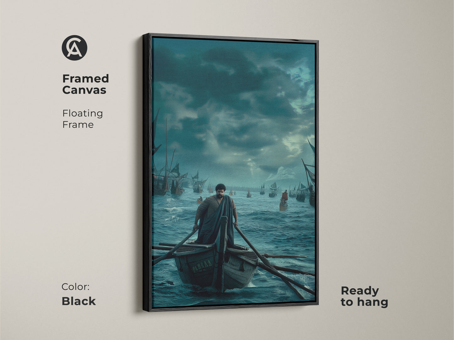 Framed Canvas featuring a nautical scene of a man rowing a boat. Black floating frame enhances the deep blue artwork. Ready to hang. Perfect for a traditional study or living room. This maritime adventure wall decor is a great housewarming present.