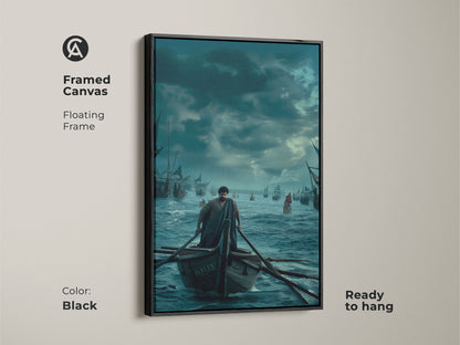Framed Canvas featuring a nautical scene of a man rowing a boat. Black floating frame enhances the deep blue artwork. Ready to hang. Perfect for a traditional study or living room. This maritime adventure wall decor is a great housewarming present.