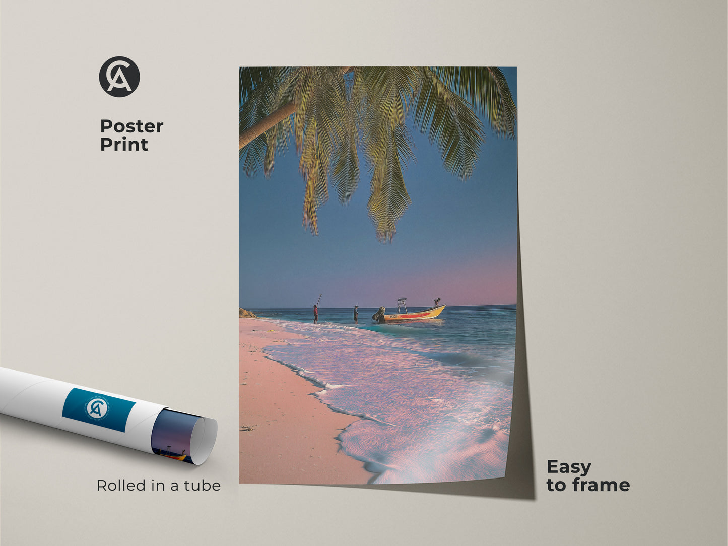 Poster print of tropical beach artwork rolled in a tube. This ocean palm tree boat art is easy to frame. The coastal print features pink blue teal tones. It's perfect for nautical bedroom decor and summer vacation art.