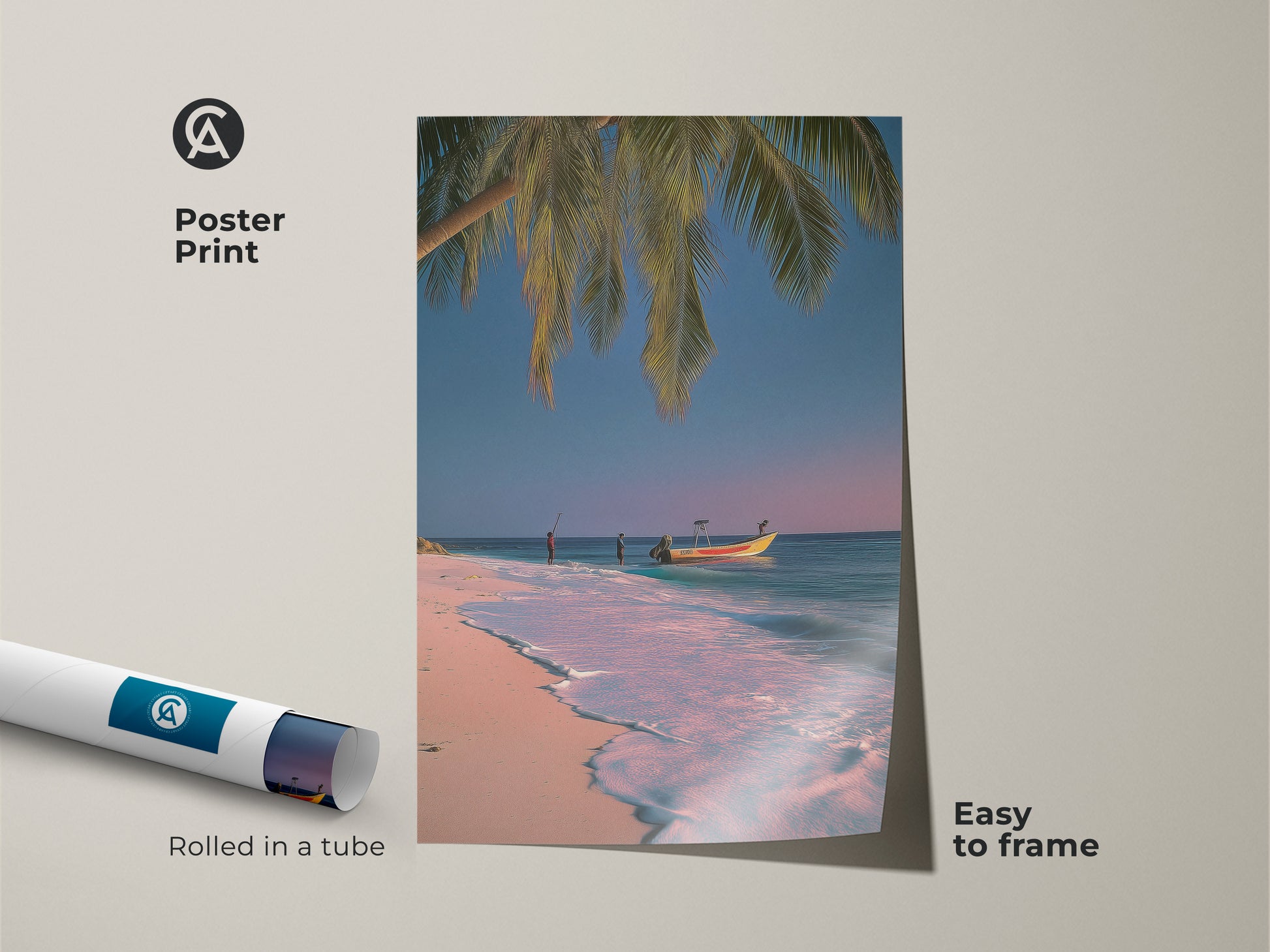 Poster print of tropical beach artwork rolled in a tube. This ocean palm tree boat art is easy to frame. The coastal print features pink blue teal tones. It's perfect for nautical bedroom decor and summer vacation art.
