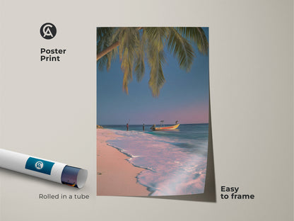 Poster print of tropical beach artwork rolled in a tube. This ocean palm tree boat art is easy to frame. The coastal print features pink blue teal tones. It's perfect for nautical bedroom decor and summer vacation art.