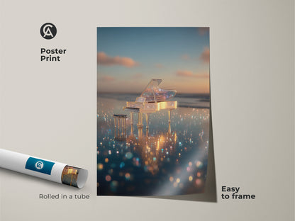 Poster print of a crystal piano on a reflective beach. The poster is easy to frame. It is rolled in a tube for protection. The artwork captures a serene sunset scene. The piano art is perfect for any room. It brings a touch of musical magic to your home. Buy this print today.