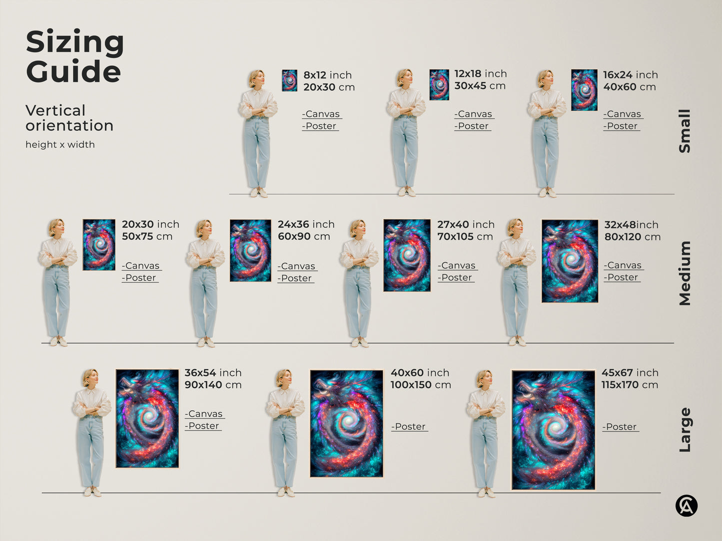 Sizing guide for vertical cosmic dragon art. See canvas and poster options in sizes from small to large. Visualize the art in different dimensions. Find the perfect fit for your space with this fantasy artwork.