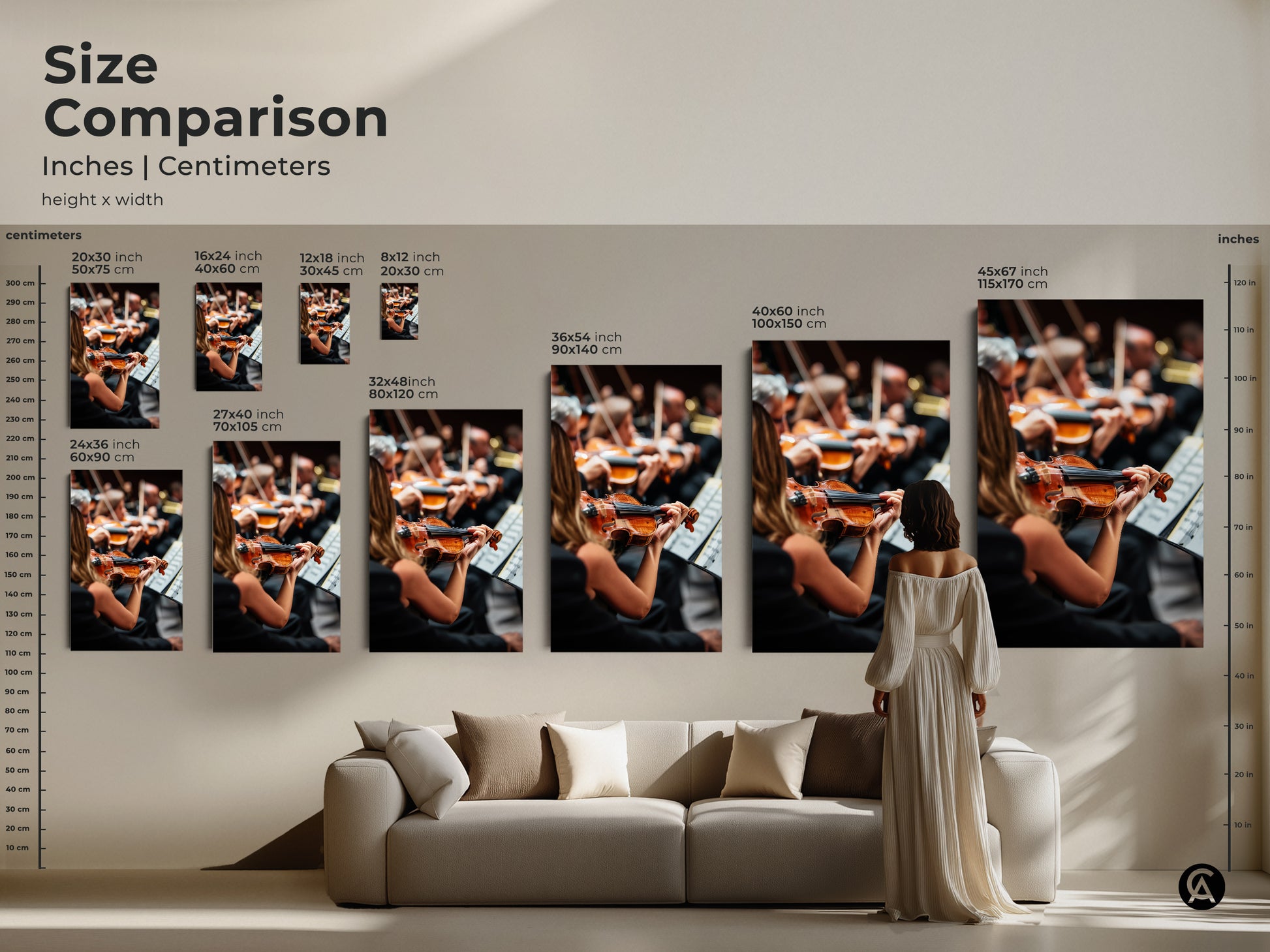 Compare sizes of the orchestra artwork in inches and centimeters. This size comparison guide helps you visualize the art in different dimensions. See how the artwork fits above a sofa. Ranging from small to large prints this guide ensures you choose the perfect size for your space.