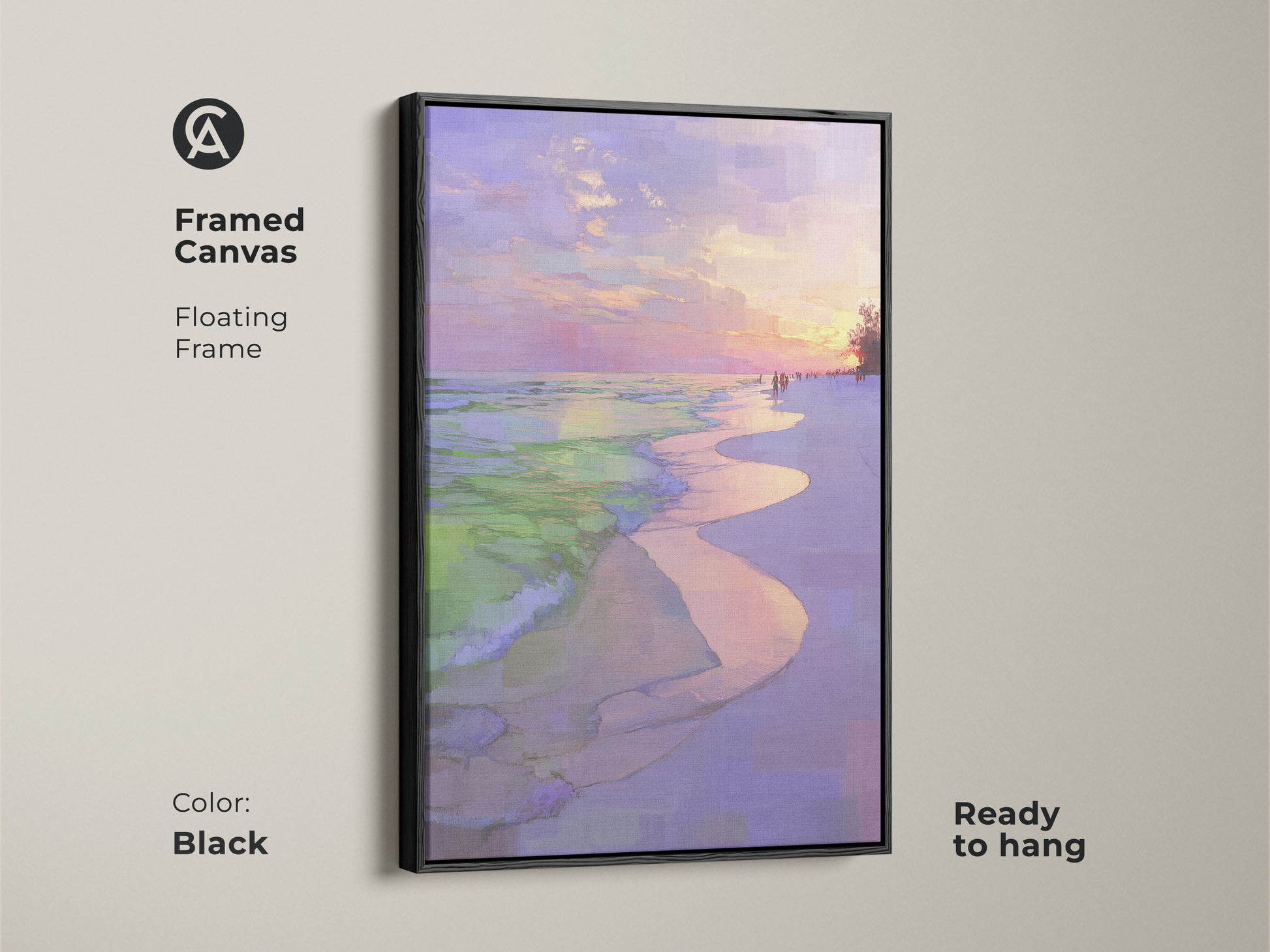 Framed canvas features a floating frame in black. Impressionistic beach sunset artwork is ready to hang. Coastal ocean waves wall print with a purple pink sky landscape. Seaside home decor gift for a calming bedroom art piece.