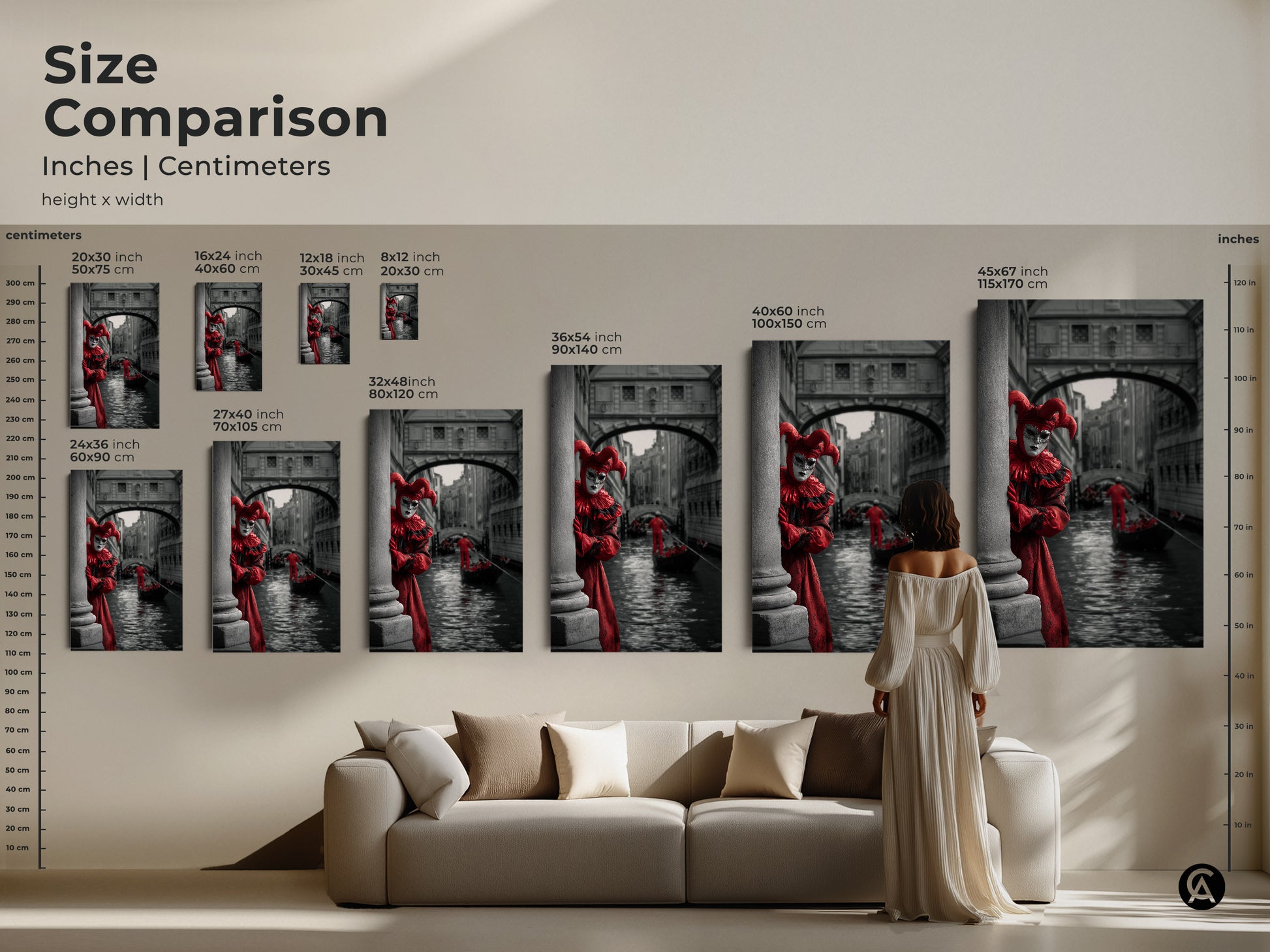 Compare sizes of our Venice Carnival art prints with this handy size comparison guide. Sizes range from small to large. See how this artwork fits above a couch. Perfect for eclectic interiors. Choose canvas or poster prints for your home decor today.