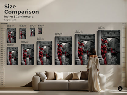 Compare sizes of our Venice Carnival art prints with this handy size comparison guide. Sizes range from small to large. See how this artwork fits above a couch. Perfect for eclectic interiors. Choose canvas or poster prints for your home decor today.