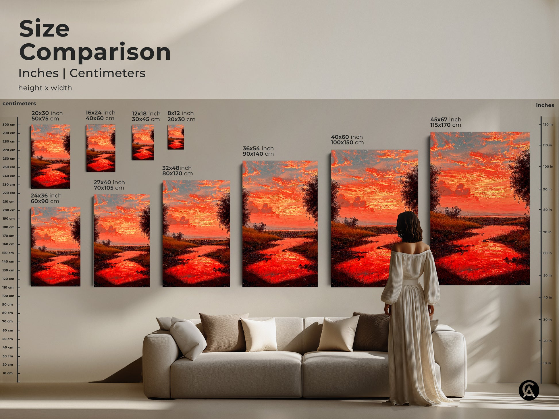 Size comparison of landscape canvas prints with a red sunset river artwork. See how the artwork fits above a sofa in various sizes. From 8x12 to 45x67 inches. Visualize the impact of this impressionist nature scenery on your home decor. Ideal for eclectic spaces.