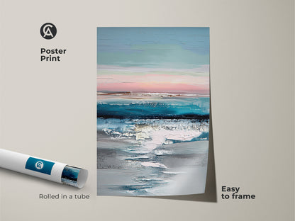 Poster print of abstract coastal art rolled in a tube. This teal blue and pink artwork is easy to frame. The textured ocean sky art adds a modern touch to any room. Ideal for creating a serene atmosphere with its coastal landscape print.