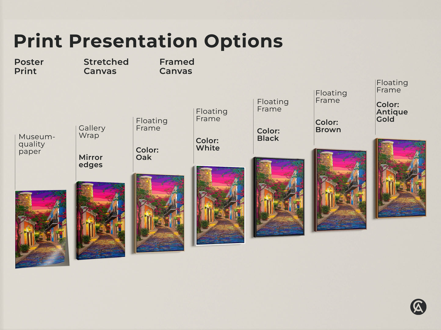 Explore print presentation options: poster prints stretched canvas and framed canvas. A cobblestone street cityscape beneath a purple blue pink sunset. Offers an eclectic travel lover gift suitable for hallway decor with European charm.