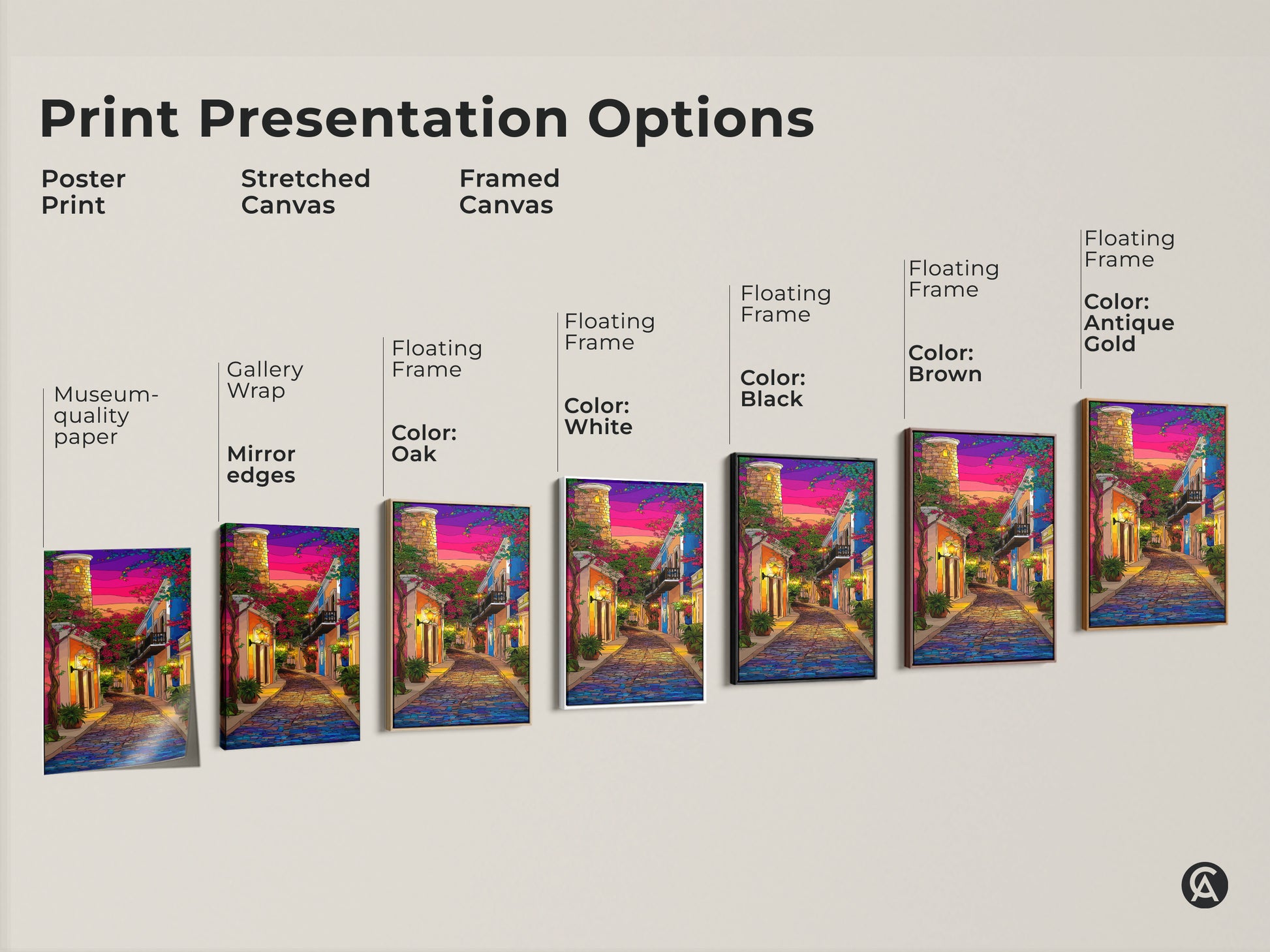 Explore print presentation options: poster prints stretched canvas and framed canvas. A cobblestone street cityscape beneath a purple blue pink sunset. Offers an eclectic travel lover gift suitable for hallway decor with European charm.