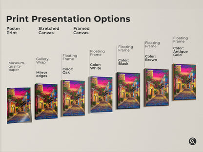 Explore print presentation options: poster prints stretched canvas and framed canvas. A cobblestone street cityscape beneath a purple blue pink sunset. Offers an eclectic travel lover gift suitable for hallway decor with European charm.