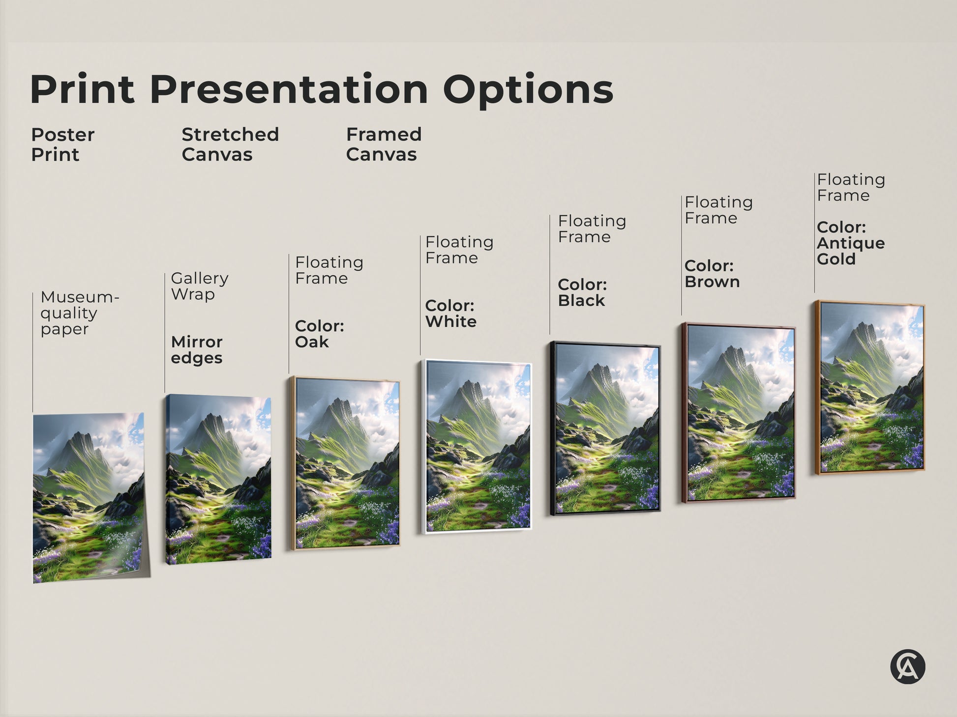 Print presentation options featuring a green and blue mountain landscape artwork. Choose from poster print stretched canvas and framed canvas options. Each a beautiful nature artwork.