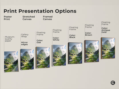 Print presentation options featuring a green and blue mountain landscape artwork. Choose from poster print stretched canvas and framed canvas options. Each a beautiful nature artwork.