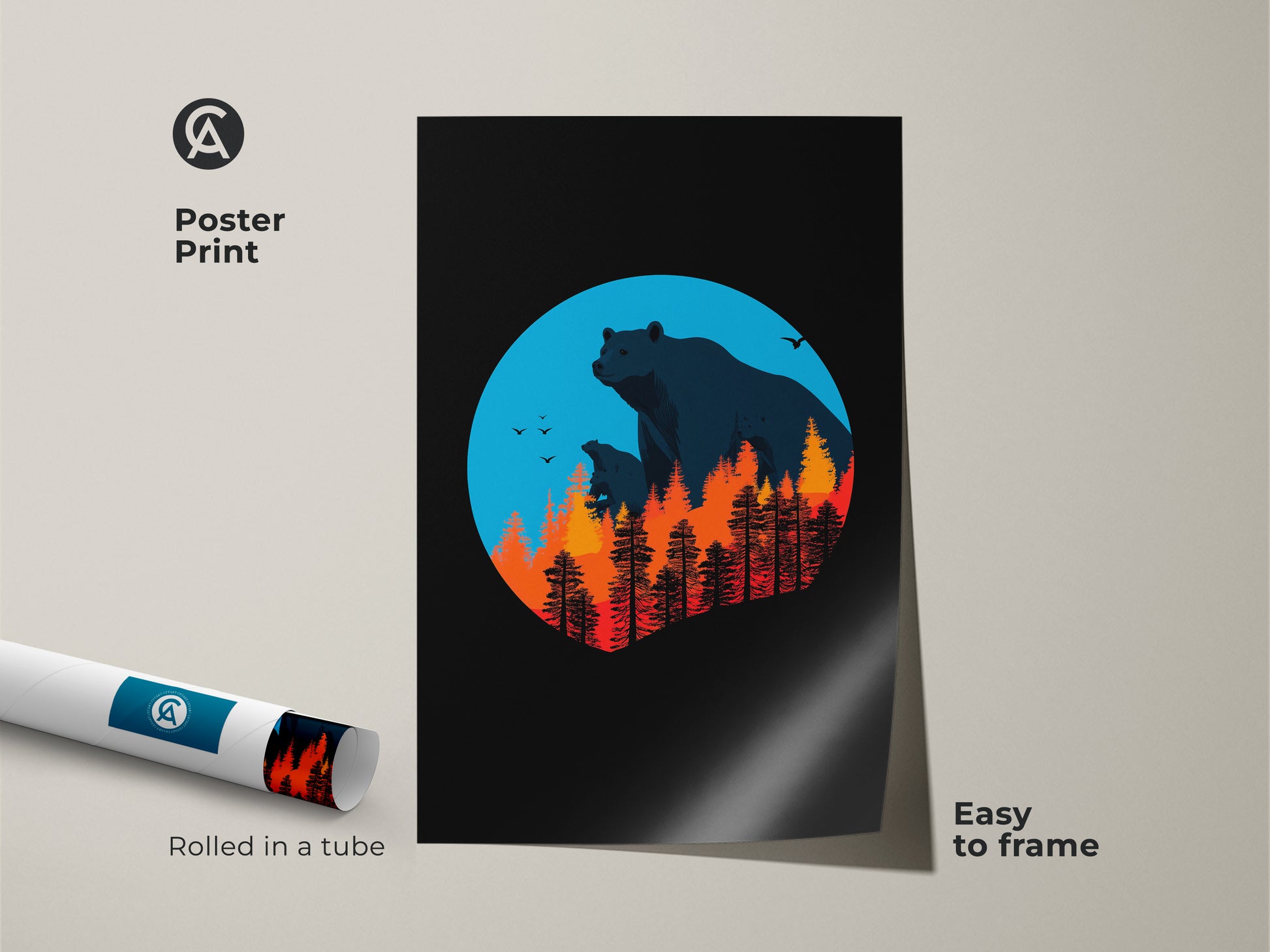 This poster print features a minimalist flat style rendering of bears in a forest fire scene. Rolled in a tube it is easy to frame and adds a touch of modern nature to any room. Great animal lover gift and outdoor themed decor.