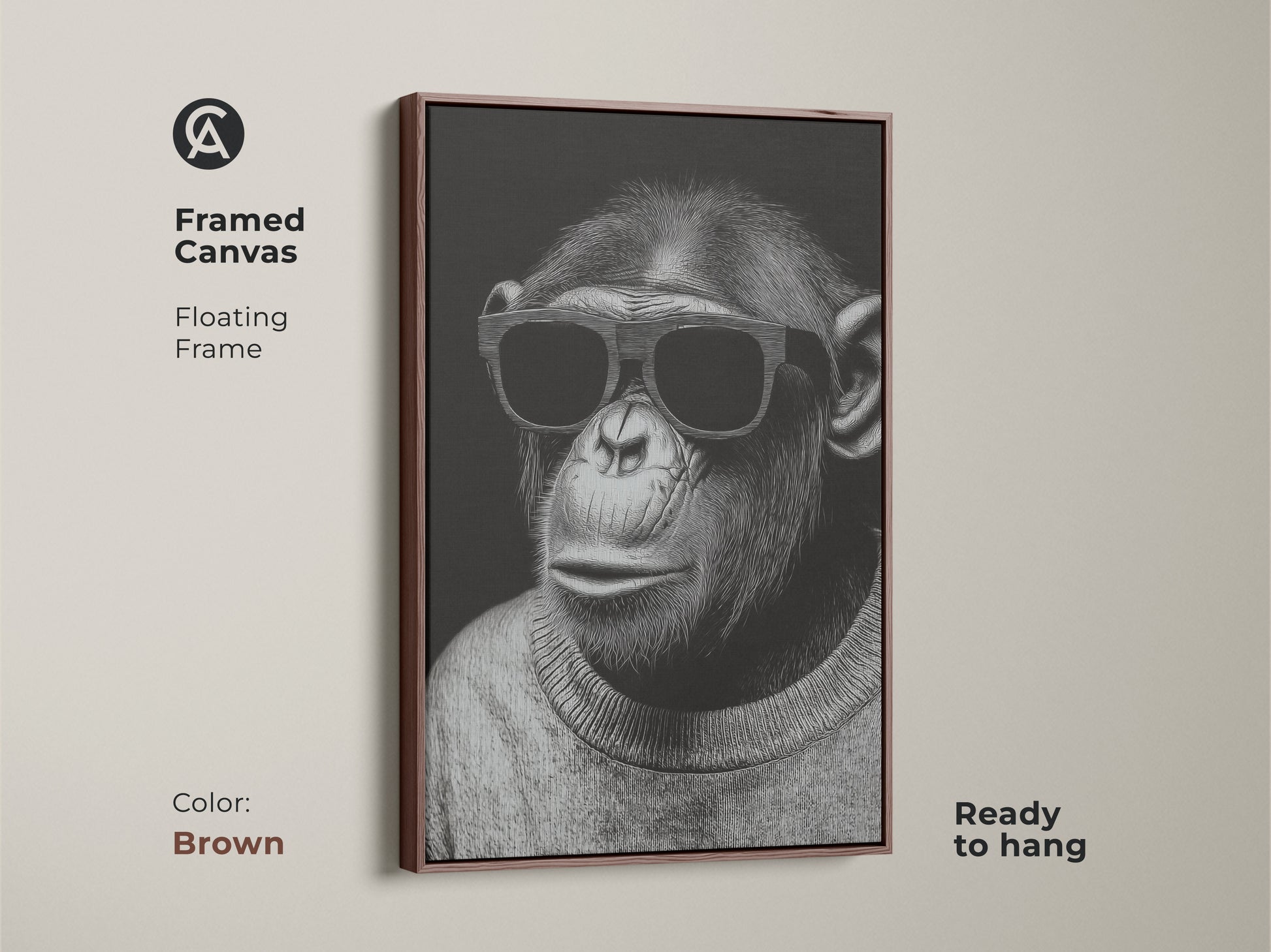 Framed canvas featuring a chimpanzee with sunglasses. The floating frame is brown and ready to hang. This monochrome animal portrait is minimalist line art. It is a unique statement for animal lovers. The cool chimpanzee poster complements contemporary decor.