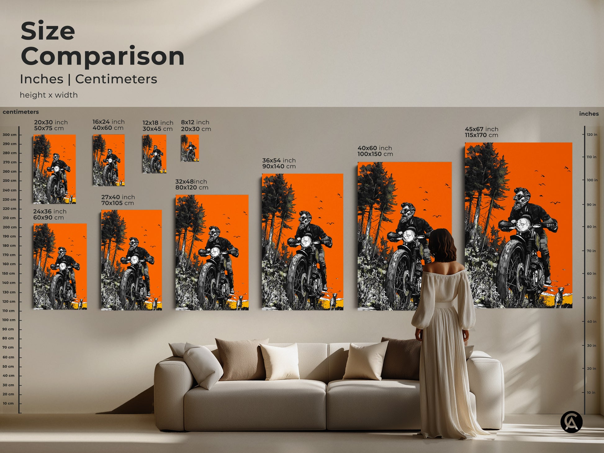Size comparison of the skeleton biker artwork in inches and centimeters. See how different sizes fit above a couch. This visual guide helps you select the ideal size for your room. Perfect for planning your art.