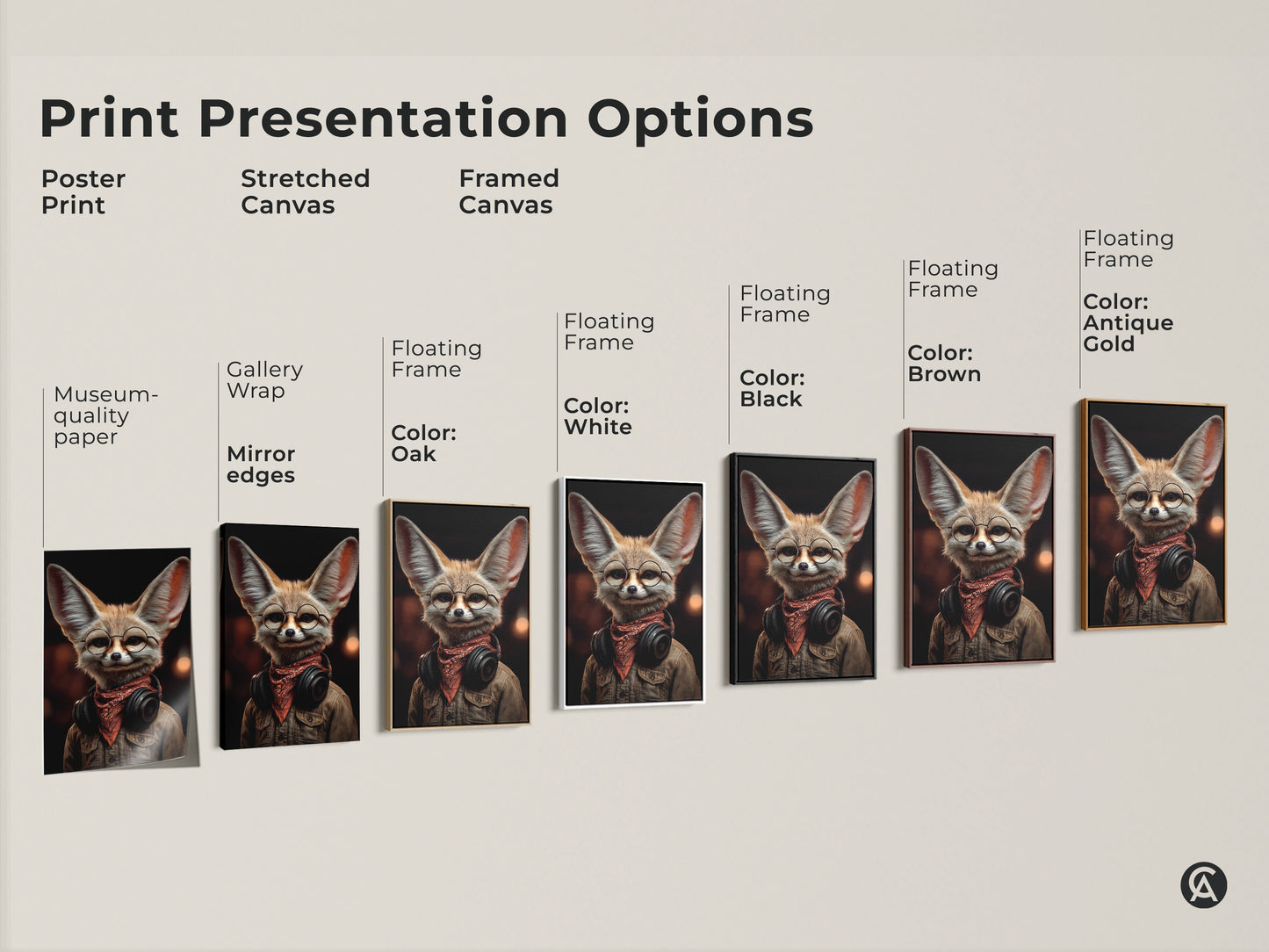 Print presentation options showcase a cool Fennec Fox. The fox wears glasses and headphones. Select from poster prints or stretched canvas to framed canvas. This retro music lover artwork adds an eclectic touch to any space.