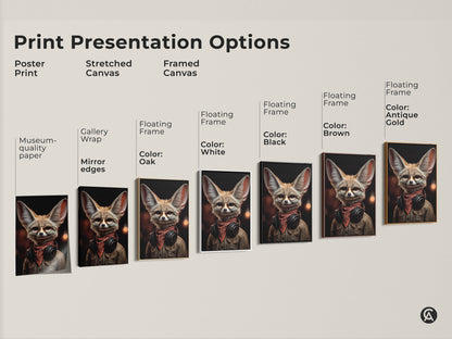 Print presentation options showcase a cool Fennec Fox. The fox wears glasses and headphones. Select from poster prints or stretched canvas to framed canvas. This retro music lover artwork adds an eclectic touch to any space.