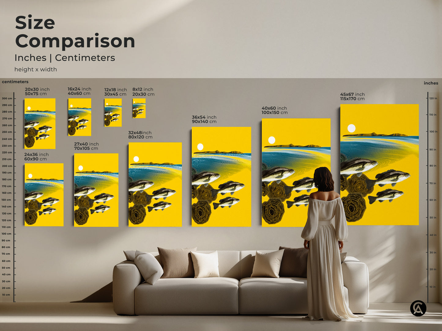 Compare sizes of abstract fish art prints in inches and centimeters. This visual guide helps you choose the ideal scale for your wall decor. The artwork is a perfect statement piece for a modern living room.
