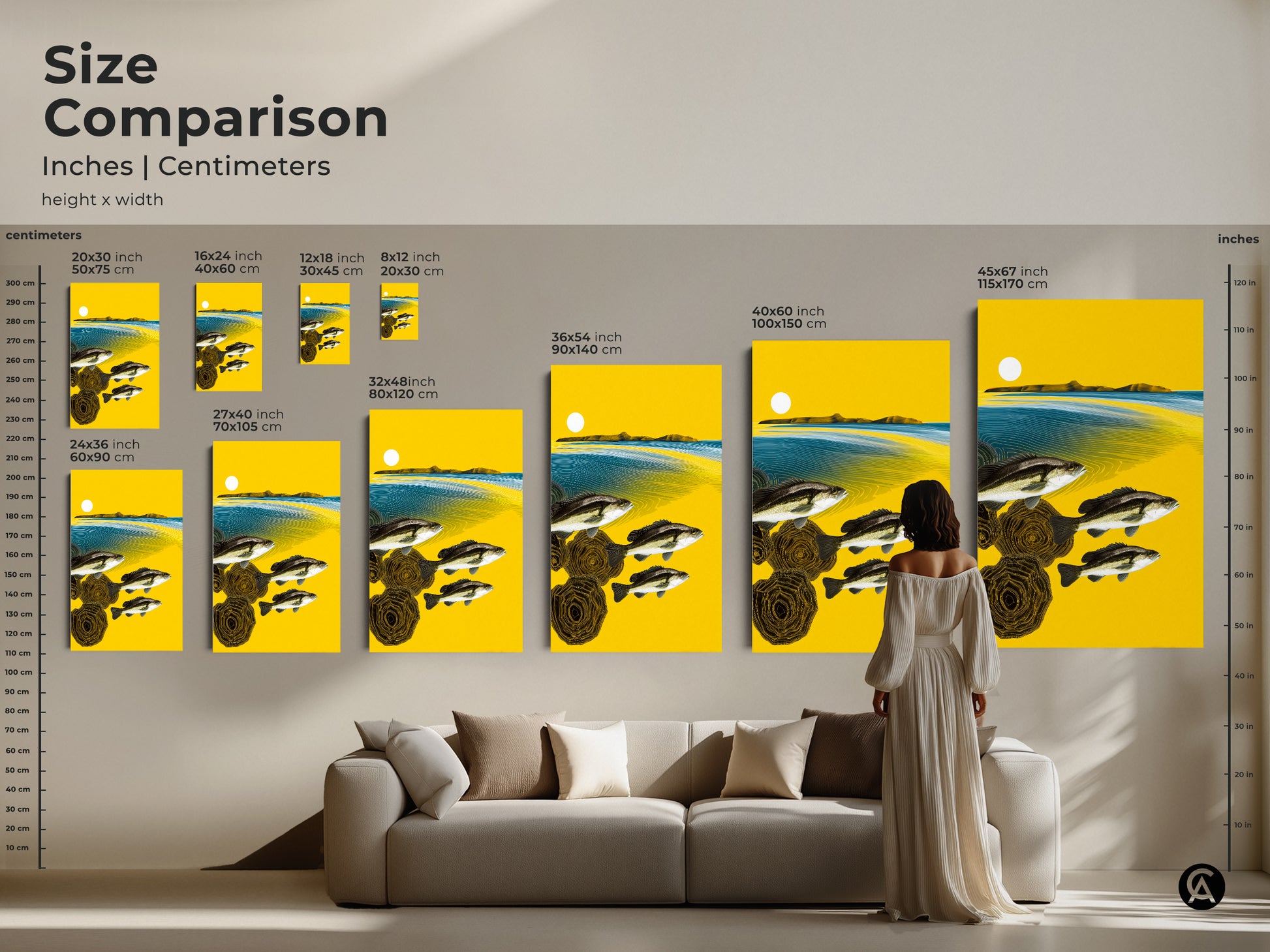 Compare sizes of abstract fish art prints in inches and centimeters. This visual guide helps you choose the ideal scale for your wall decor. The artwork is a perfect statement piece for a modern living room.