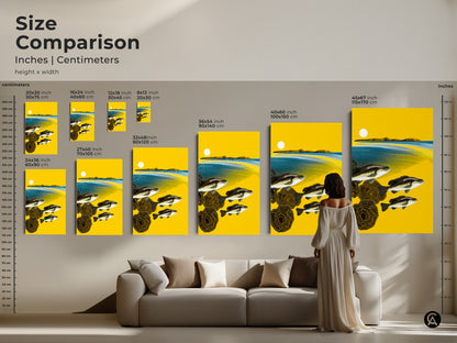 Compare sizes of abstract fish art prints in inches and centimeters. This visual guide helps you choose the ideal scale for your wall decor. The artwork is a perfect statement piece for a modern living room.