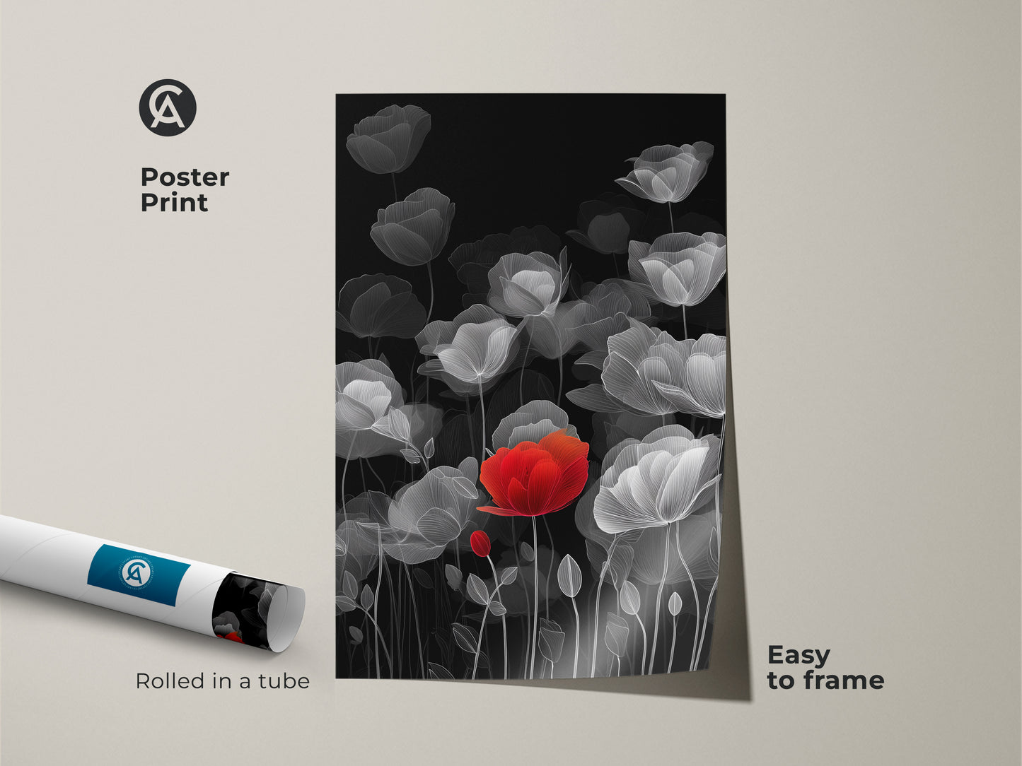 Poster Print of a modern botanical artwork. The red poppy line art is striking on the black and white floral background. Easy to frame this minimalist floral wall art. Perfect as a housewarming gift for plant lovers. The abstract poppy canvas print comes rolled in a tube. A contemporary red accent art print for any room.