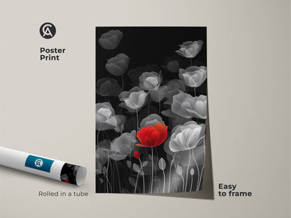 Poster Print of a modern botanical artwork. The red poppy line art is striking on the black and white floral background. Easy to frame this minimalist floral wall art. Perfect as a housewarming gift for plant lovers. The abstract poppy canvas print comes rolled in a tube. A contemporary red accent art print for any room.