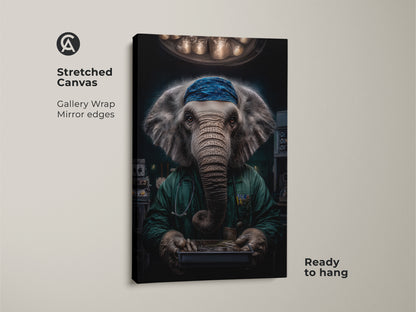 This stretched canvas features an elephant surgeon. The gallery wrap has mirrored edges. It's a medical animal wall art piece. The elephant wears green scrubs and a blue head covering. Ready to hang as veterinarian clinic decor.