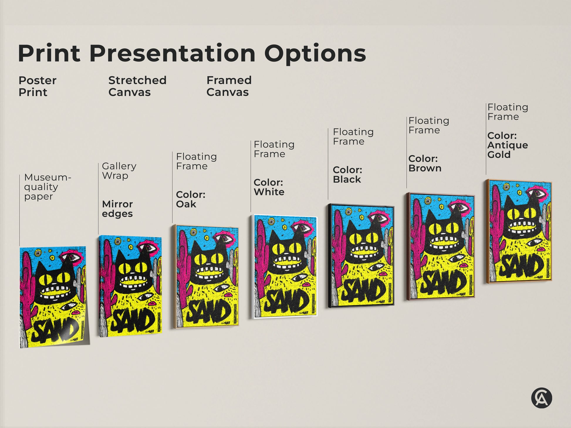 Explore art print presentation options. Poster prints stretched canvas and framed canvas. Various floating frame colors are available. Find the perfect art piece to match your style and decor.