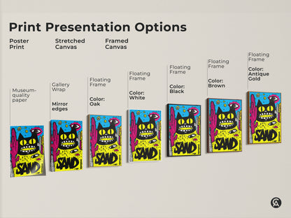 Explore art print presentation options. Poster prints stretched canvas and framed canvas. Various floating frame colors are available. Find the perfect art piece to match your style and decor.