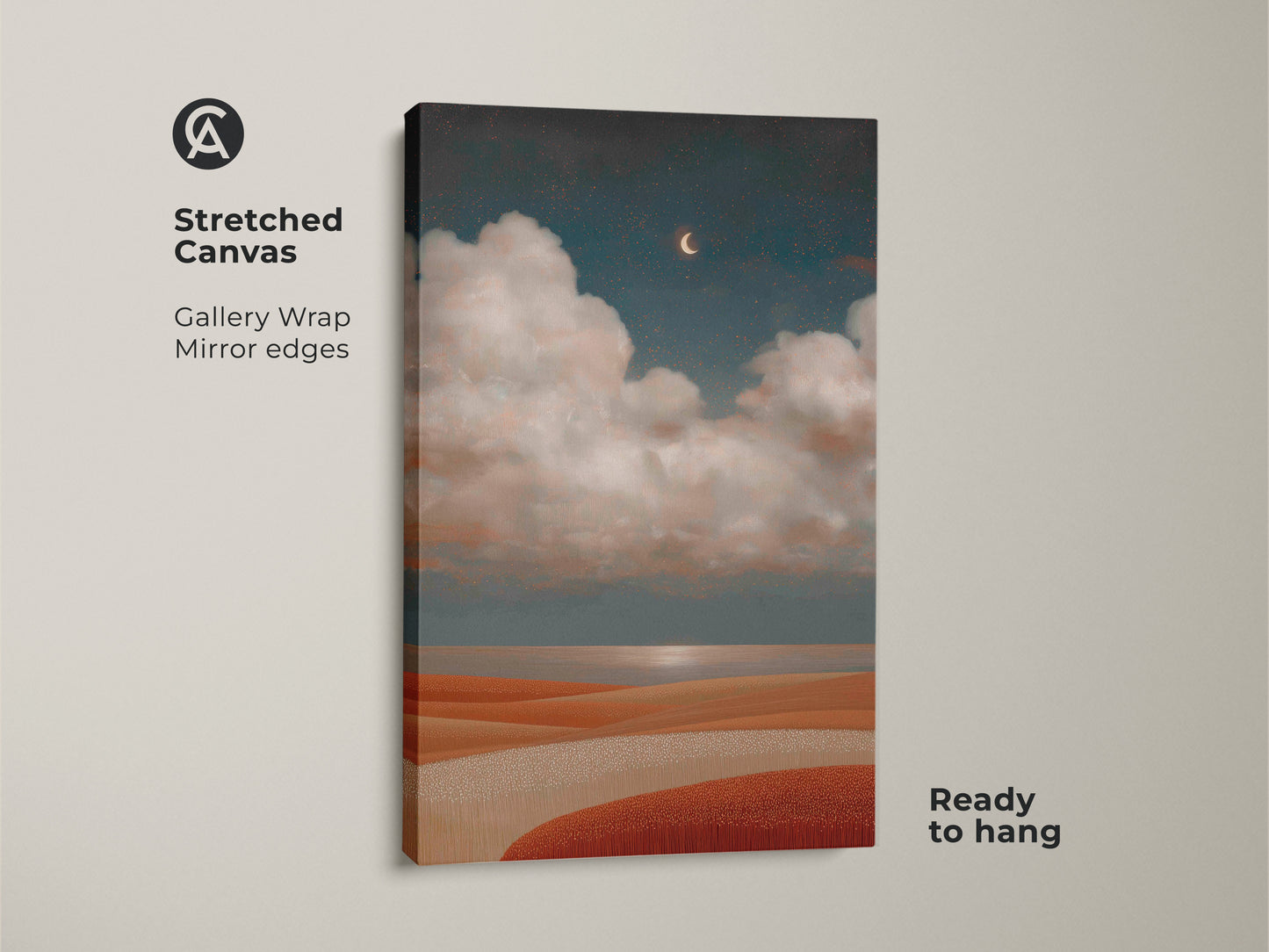 Surreal landscape canvas art with a boho celestial theme. This moon and clouds art print brings terracotta teal colors to bedroom decor. It's dreamy night sky art for stargazing enthusiasts.