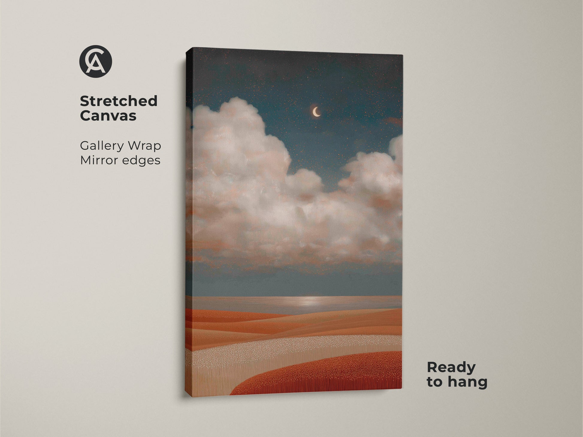 Surreal landscape canvas art with a boho celestial theme. This moon and clouds art print brings terracotta teal colors to bedroom decor. It's dreamy night sky art for stargazing enthusiasts.