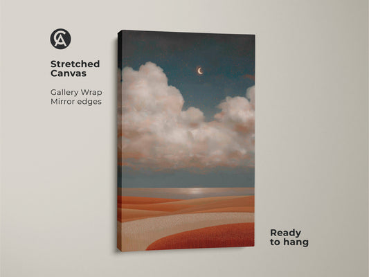 Surreal landscape canvas art with a boho celestial theme. This moon and clouds art print brings terracotta teal colors to bedroom decor. It's dreamy night sky art for stargazing enthusiasts.