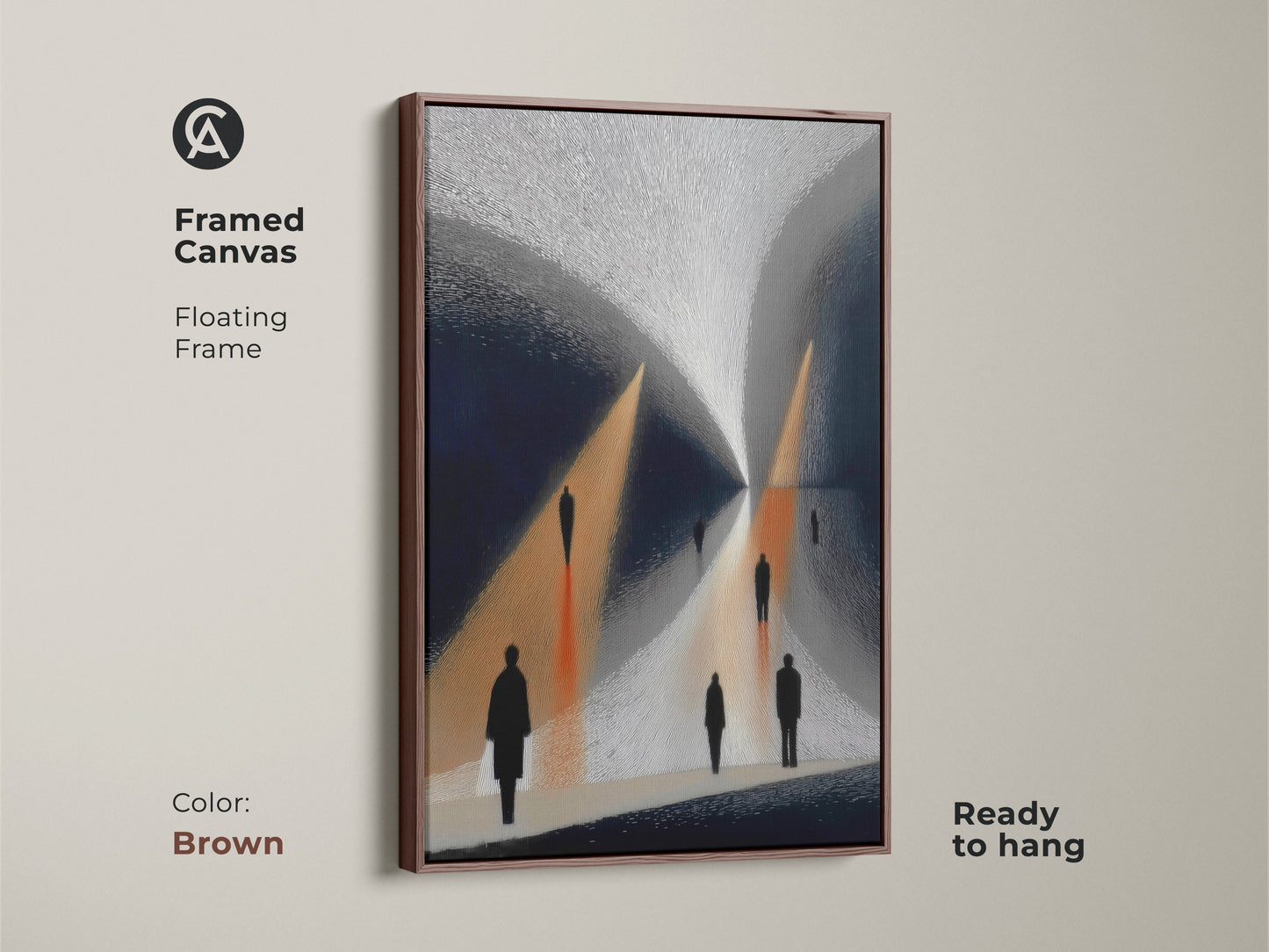 Framed Canvas with a Brown Floating Frame displaying Gold Navy Abstract Art. Minimalist figures are walking a surreal path. A contemporary silhouette canvas adds a sophisticated touch. This is a great housewarming gift art print ready to hang.