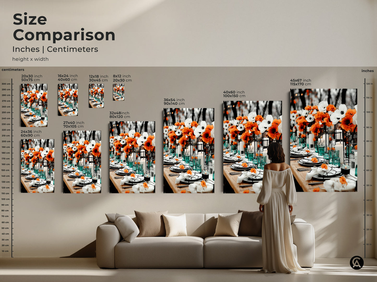 Compare sizes of elegant anemone art prints in inches and centimeters. See how the artwork fits above a sofa. This contemporary dining room wall art transforms any space. Visualize the impact of different sizes with this size comparison guide. Perfect for planning your upscale restaurant or residential interior decor.