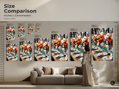 Compare sizes of elegant anemone art prints in inches and centimeters. See how the artwork fits above a sofa. This contemporary dining room wall art transforms any space. Visualize the impact of different sizes with this size comparison guide. Perfect for planning your upscale restaurant or residential interior decor.