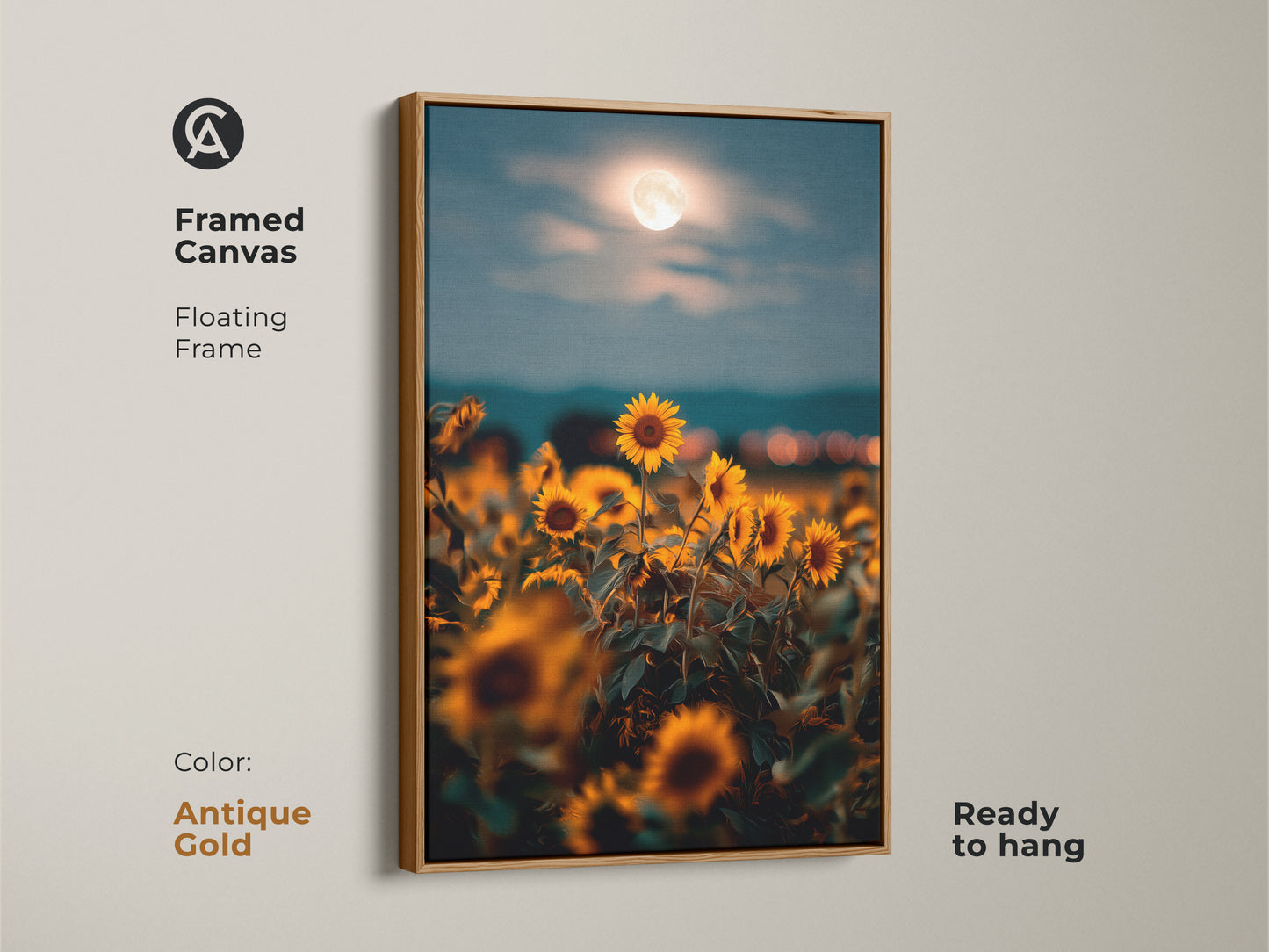 Framed canvas in antique gold featuring a dreamy sunflower field under a moon. This boho artwork is ready to hang with a floating frame. The golden yellow and orange landscape art creates a romantic and nature inspired ambiance.