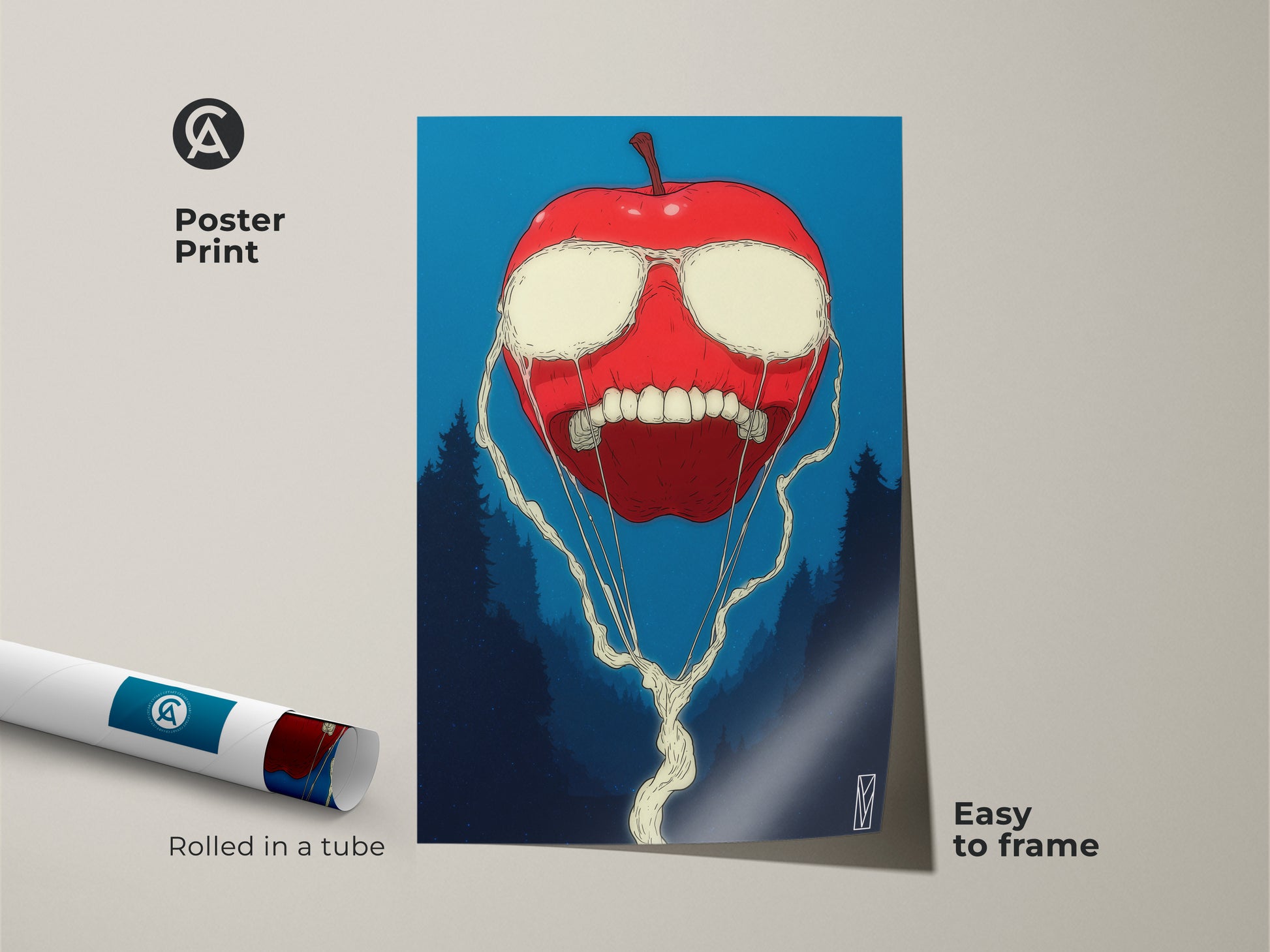 This is a poster print of surreal apple artwork. It shows a red apple with liquid eyes and a toothy grin. Dark blue trees create the background. The poster is rolled in a tube and easy to frame.