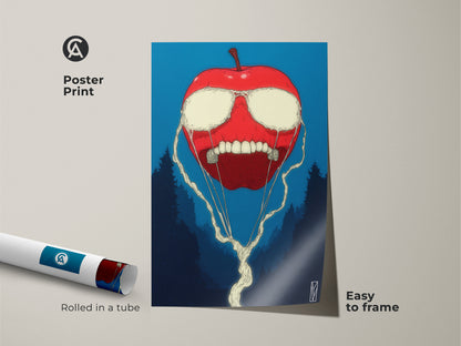 This is a poster print of surreal apple artwork. It shows a red apple with liquid eyes and a toothy grin. Dark blue trees create the background. The poster is rolled in a tube and easy to frame.