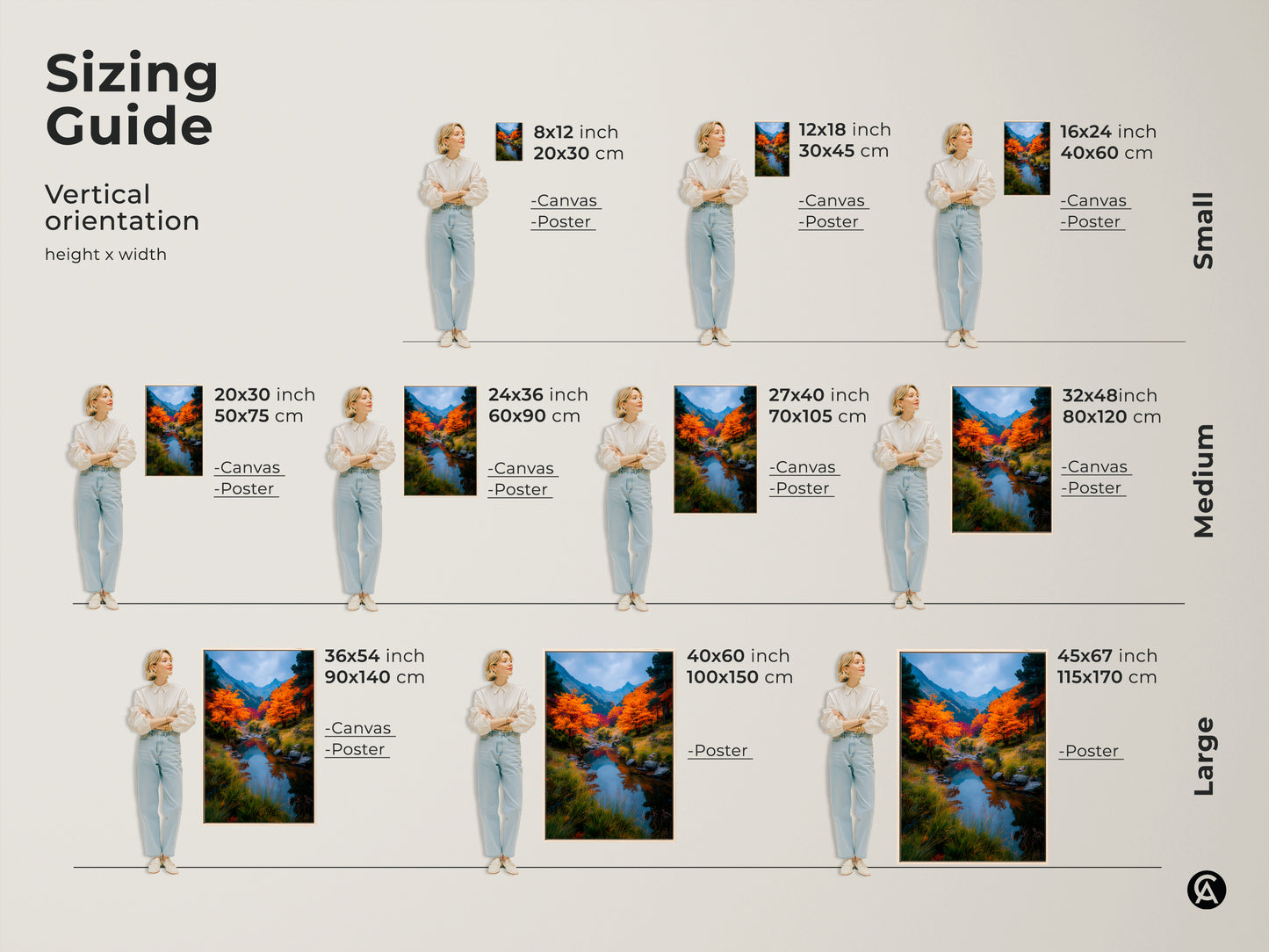 Explore the vertical sizing guide for this stunning artwork. Available as canvas or poster in sizes from small to large. Find the perfect fit to enhance your space with this autumn river landscape. Transform your home decor with nature's beauty.