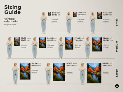 Explore the vertical sizing guide for this stunning artwork. Available as canvas or poster in sizes from small to large. Find the perfect fit to enhance your space with this autumn river landscape. Transform your home decor with nature's beauty.
