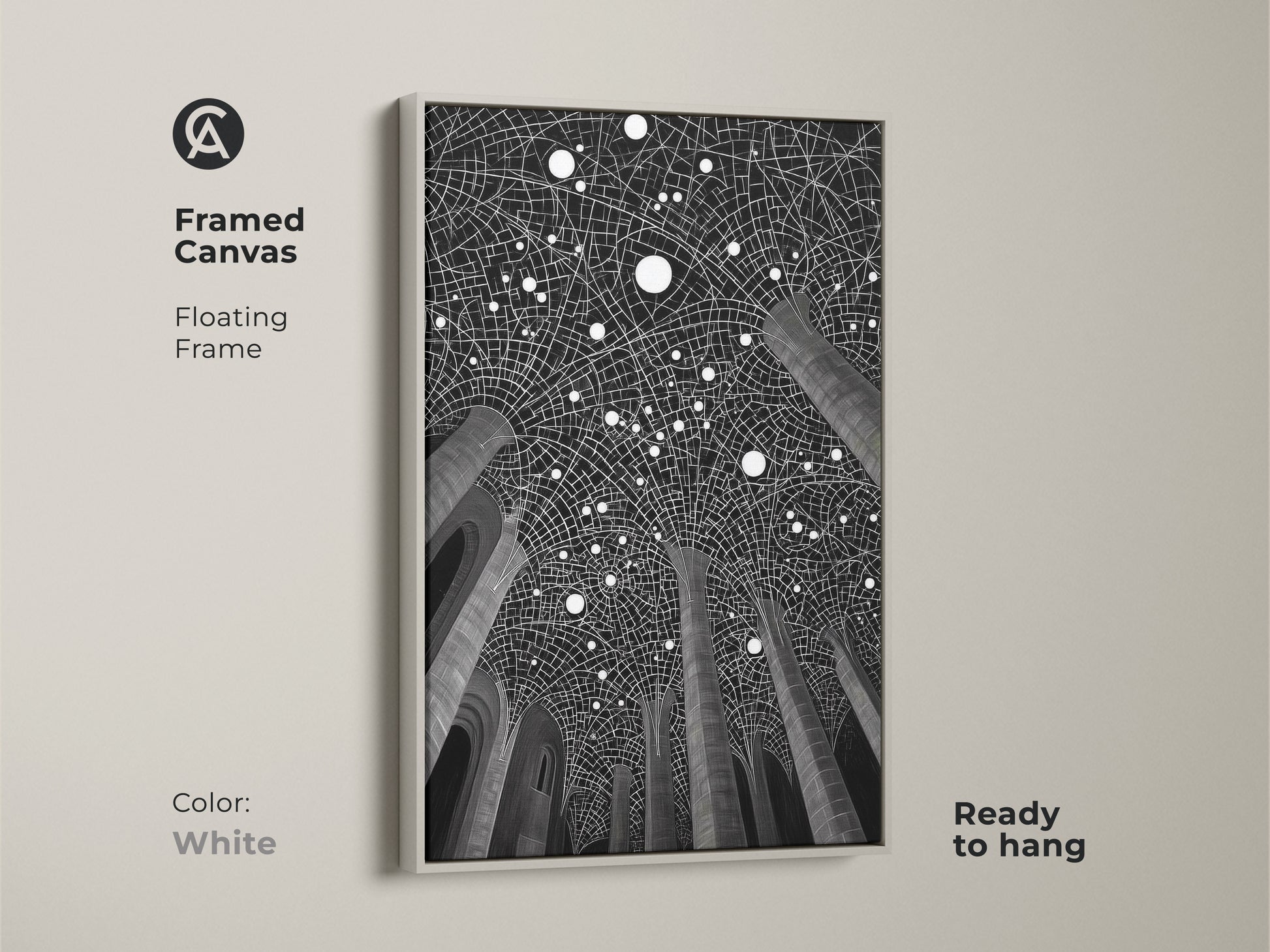 Framed canvas featuring vaulted ceiling art print. White frame with floating frame. Contemporary geometric art adds a modern touch. Ready to hang monochrome office wall art. Enhances minimalist entry decor.