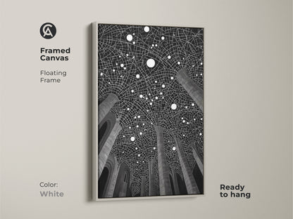 Framed canvas featuring vaulted ceiling art print. White frame with floating frame. Contemporary geometric art adds a modern touch. Ready to hang monochrome office wall art. Enhances minimalist entry decor.