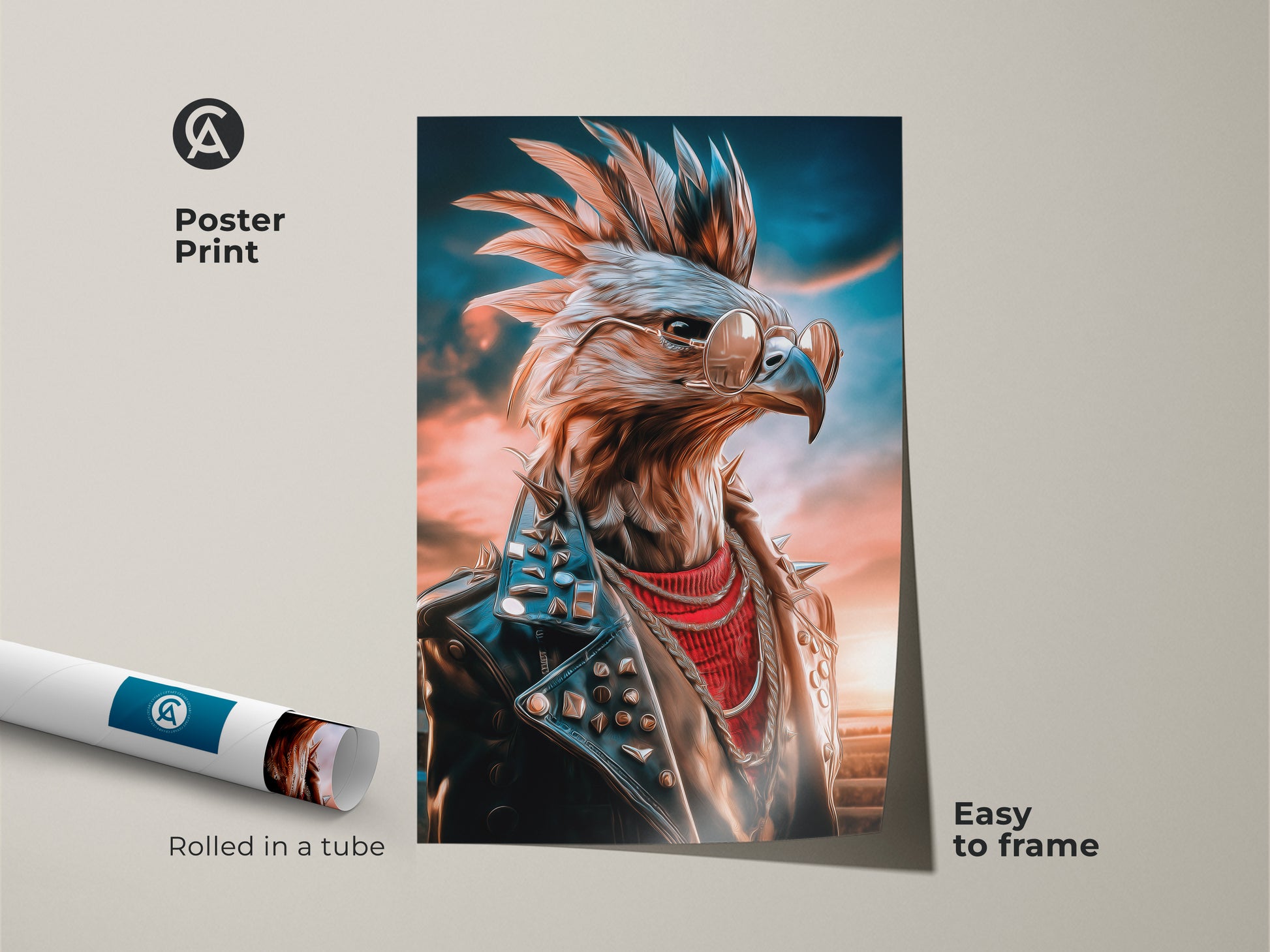 This poster print features a sunglasses eagle canvas artwork. The leather jacket animal artwork is easy to frame. Rolled in a tube this is a cool music themed decor. It is a unique animal wall decor and perfect rock music fan gift.