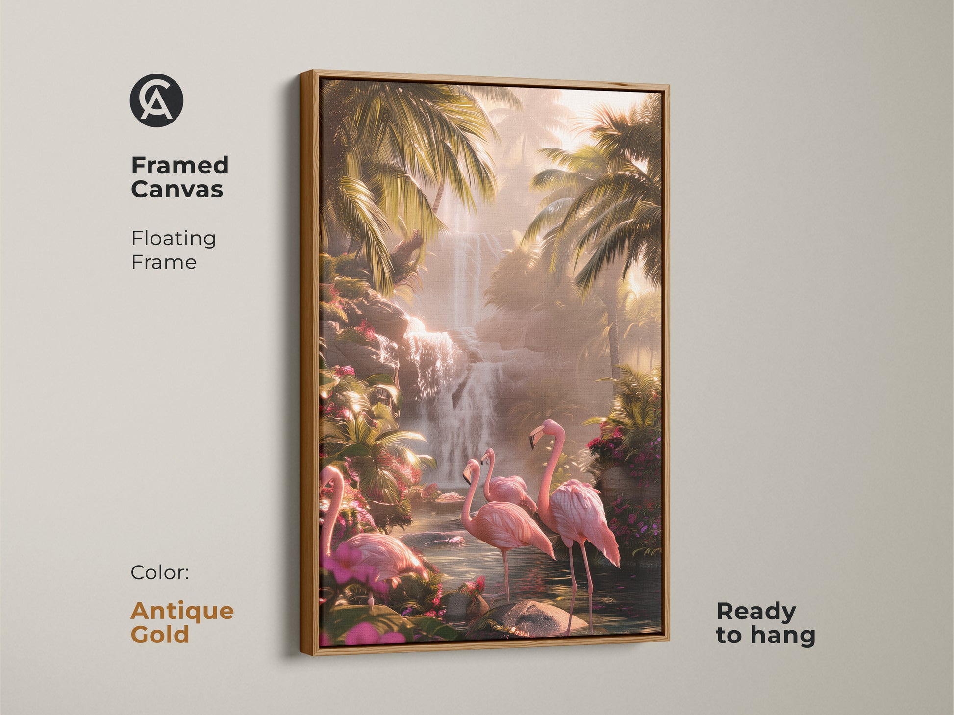 Framed canvas of pink flamingo art in an antique gold floating frame. Tropical waterfall scene. The boho jungle palm leaves print is an exotic bird wall hanging. A flamingo lover gift idea with lush nature landscape.